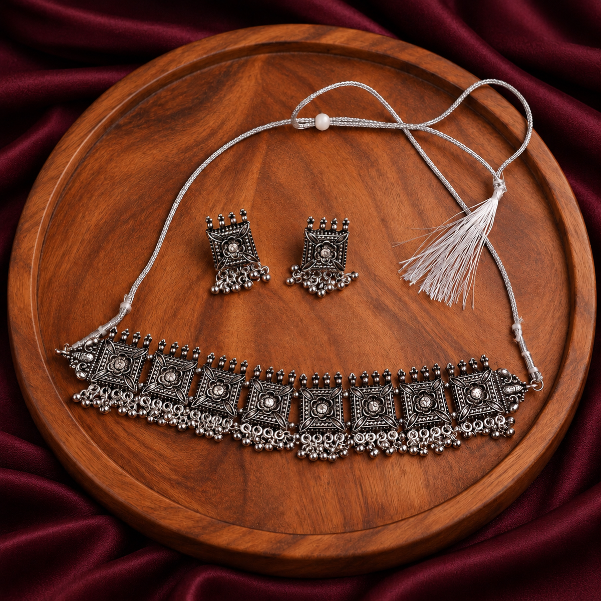 PUSHPIKA OXIDISED SILVER SQUARE PANEL CHOKER SET