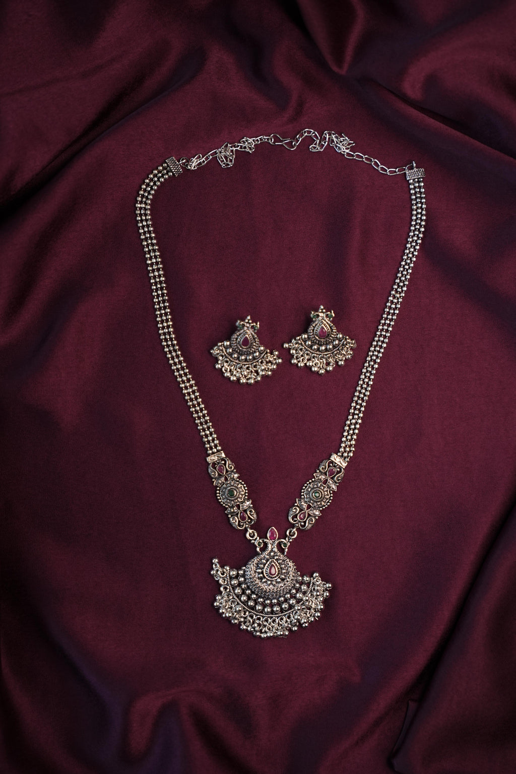 INDULEKHA-OXIDISED SILVER MULTI STRAND CRESCENT PENDANT