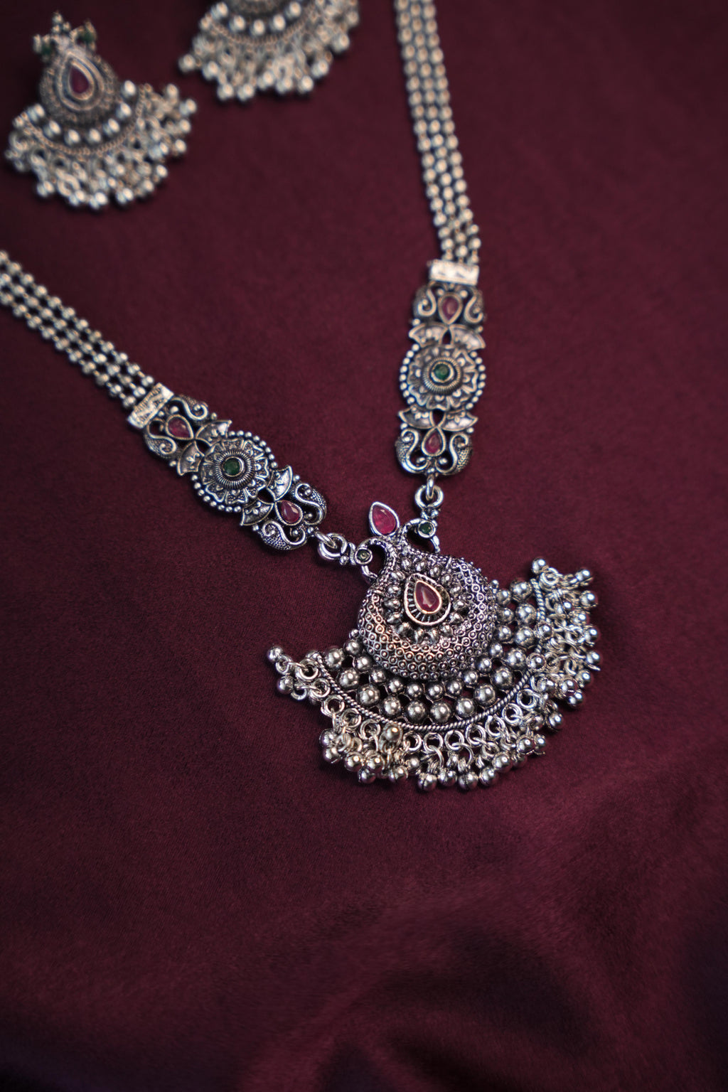 INDULEKHA-OXIDISED SILVER MULTI STRAND CRESCENT PENDANT