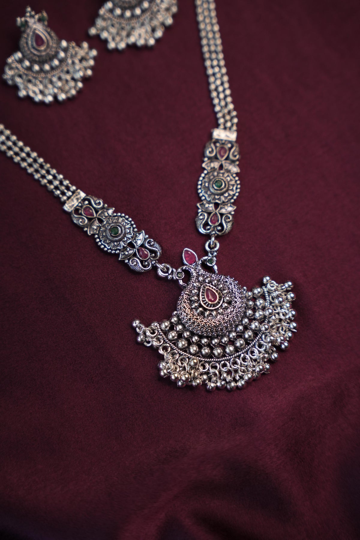 INDULEKHA-OXIDISED SILVER MULTI STRAND CRESCENT PENDANT