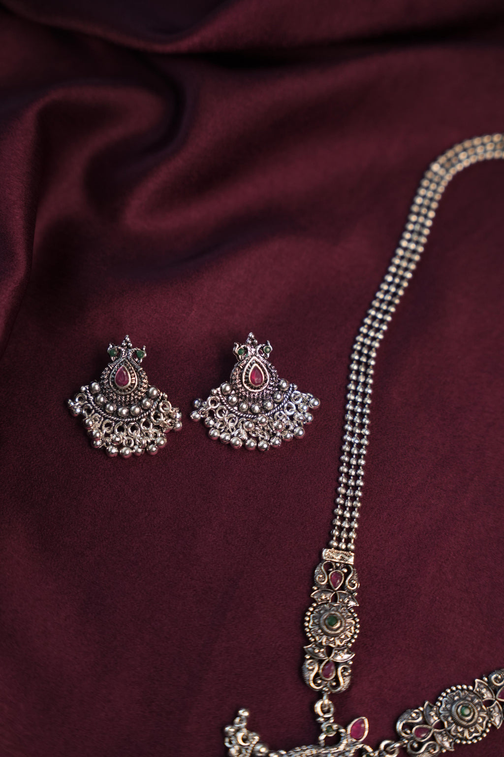 INDULEKHA-OXIDISED SILVER MULTI STRAND CRESCENT PENDANT