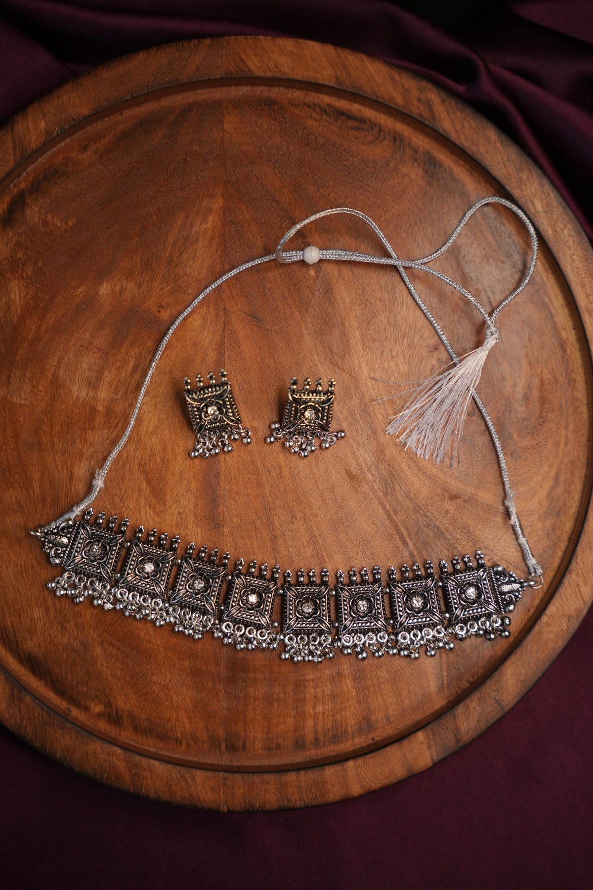 PUSHPIKA OXIDISED SILVER SQUARE PANEL CHOKER SET